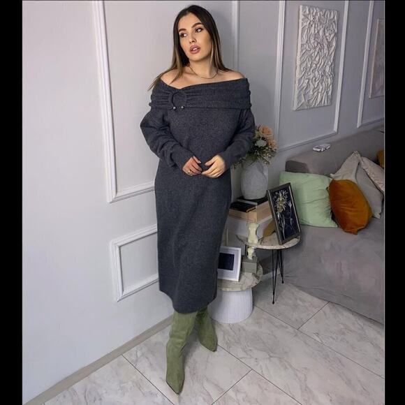 ZARA Off-the-Shoulder Knit Midi Dress NWT Gray Size S and M - Picture 14 of 16